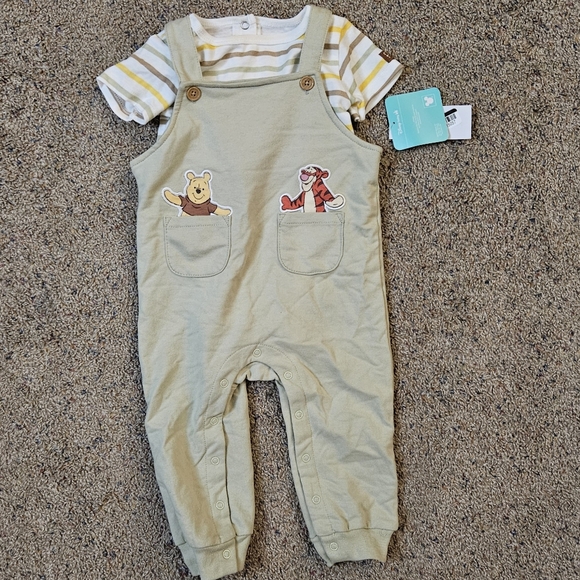 Disney Baby Green Overalls with Striped Shirt - Picture 1 of 8